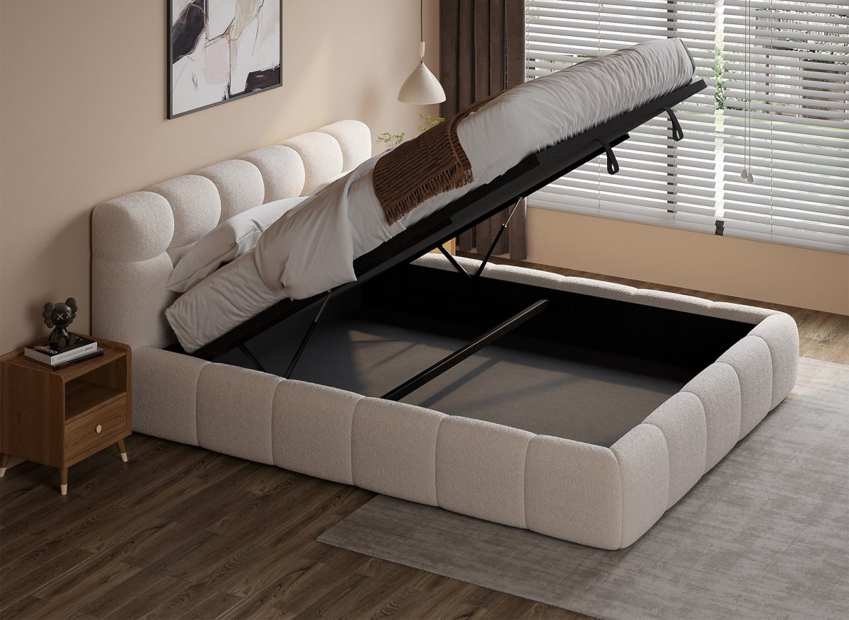 Lit coffre en tissu bouclette écru 180x200 cm GEORGINA - DécoInParis