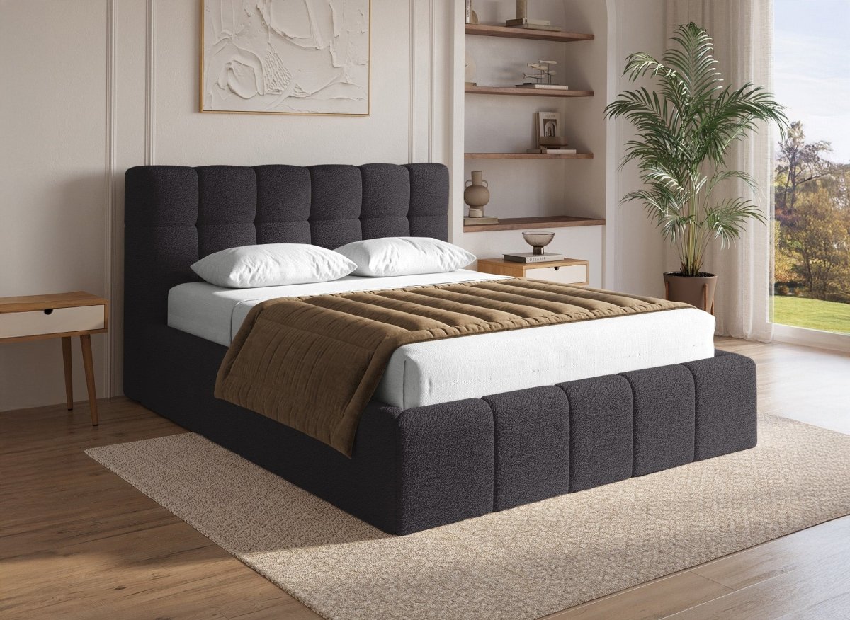 Lit coffre en tissu bouclette gris 140x190 cm MILIE - DécoInParis