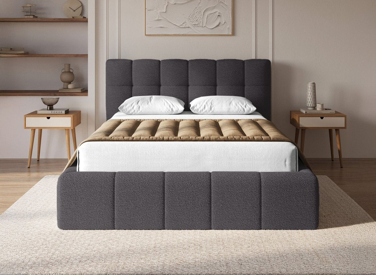 Lit coffre en tissu bouclette gris 140x190 cm MILIE - DécoInParis
