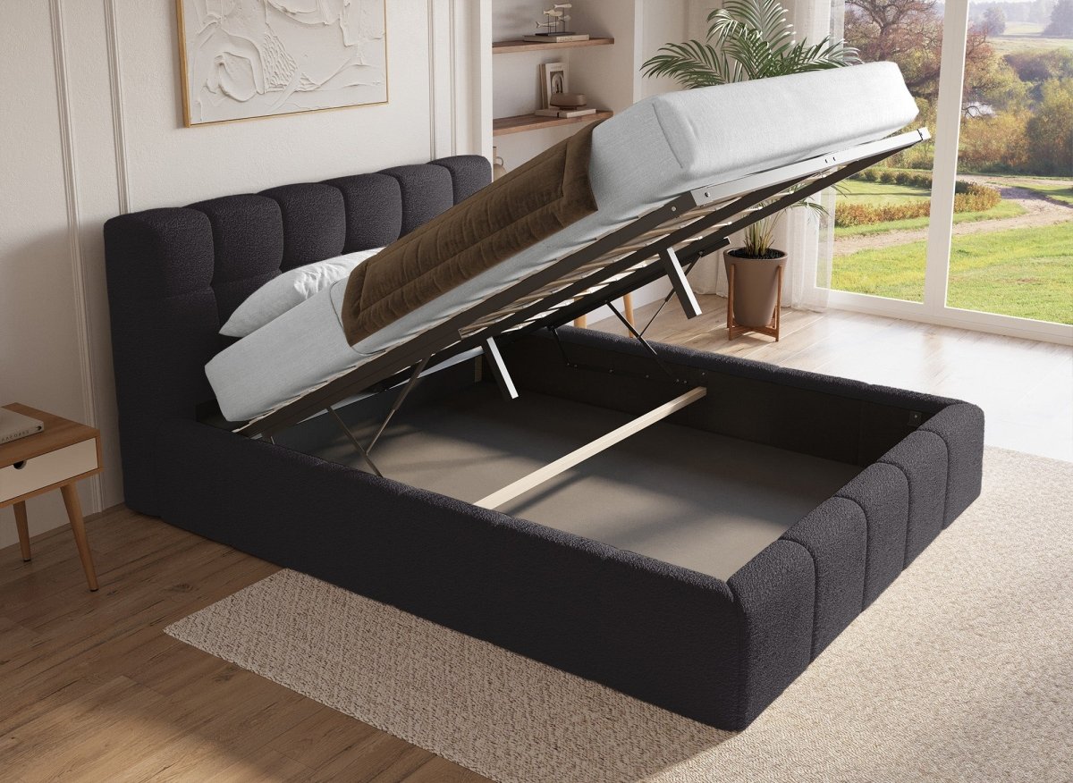 Lit coffre en tissu bouclette gris 160x200 cm MILIE - DécoInParis