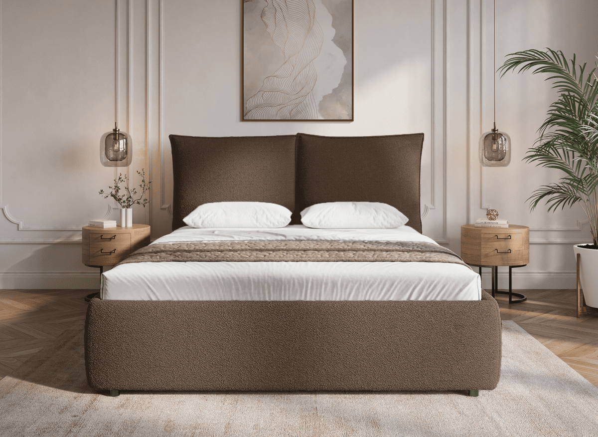 Lit coffre en tissu bouclette marron 160x200 cm MELY - DécoInParis