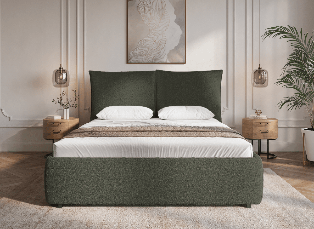 Lit coffre en tissu bouclette vert olive 160x200 cm MELY - DécoInParis