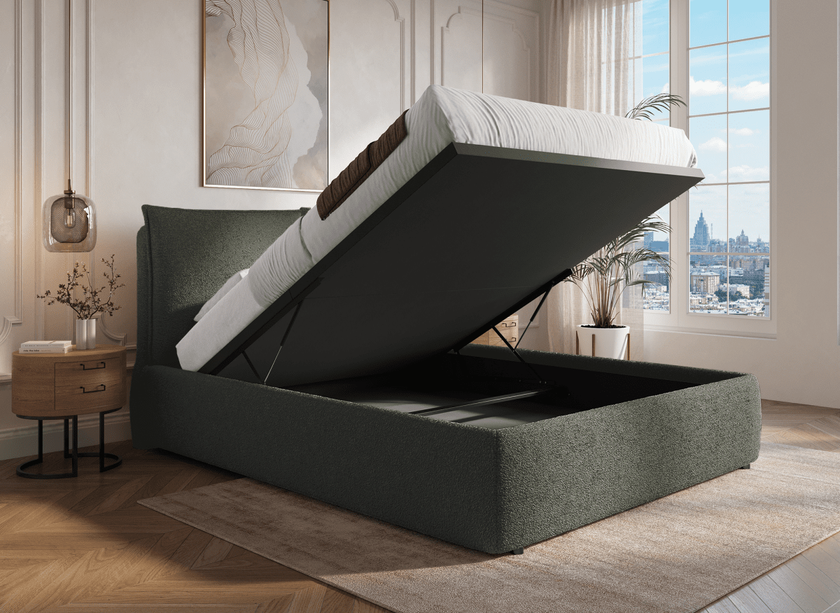 Lit coffre en tissu bouclette vert olive 180x200 cm MELY - DécoInParis