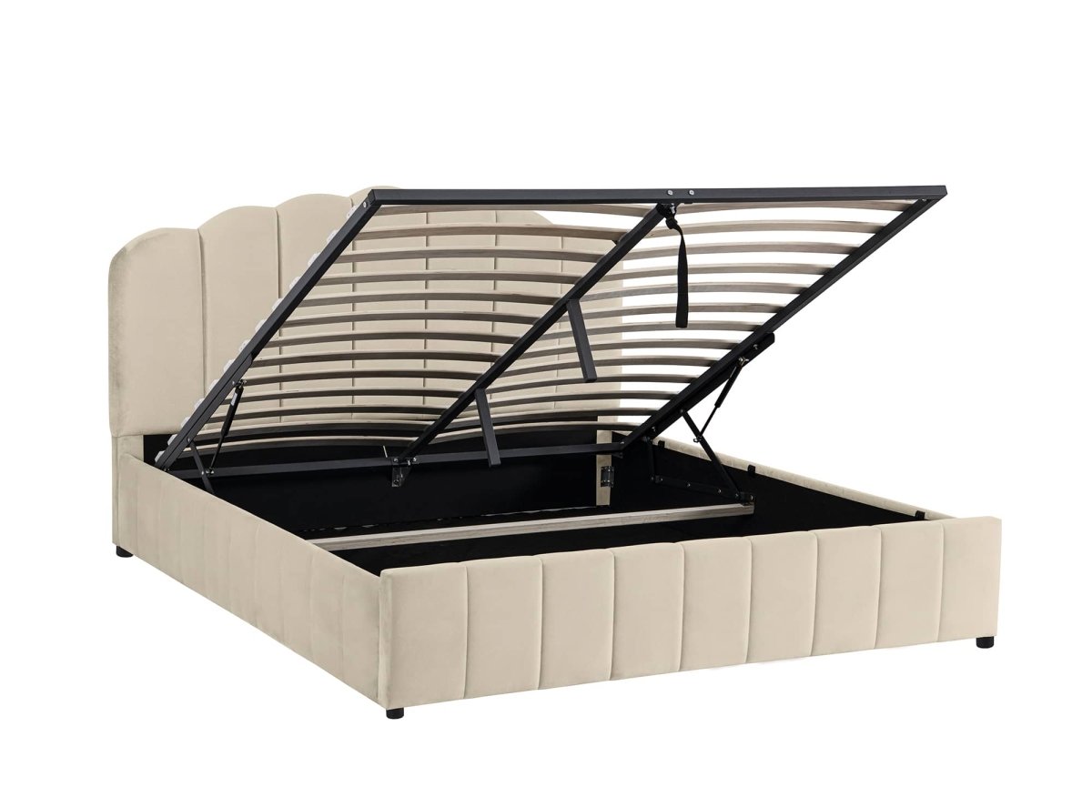 Lit coffre en velours beige 140x190 cm ELVIRA - DécoInParis
