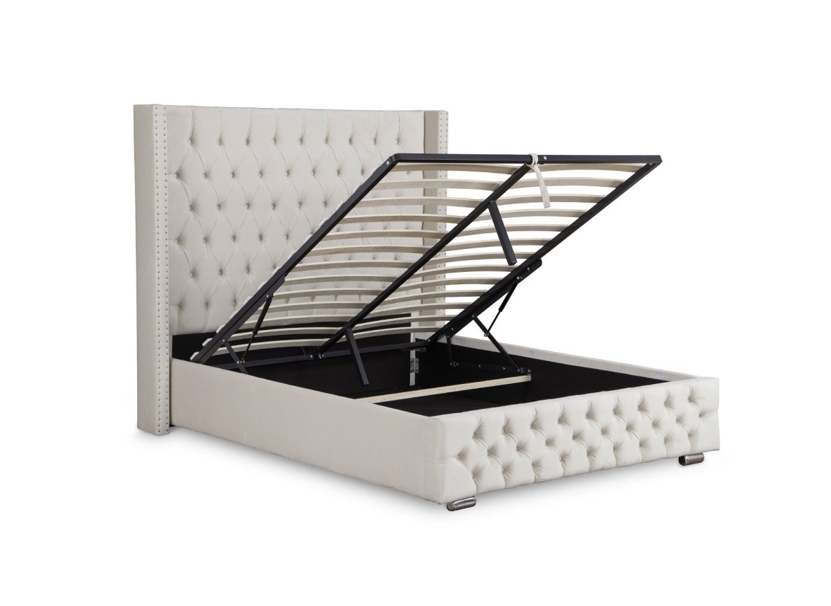 Lit coffre en velours beige 140x190 cm MAXI - DécoInParis