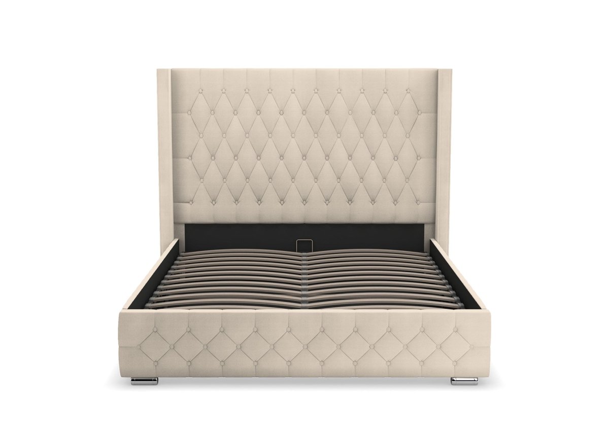 Lit coffre en velours beige 140X190 cm PERLA - DécoInParis