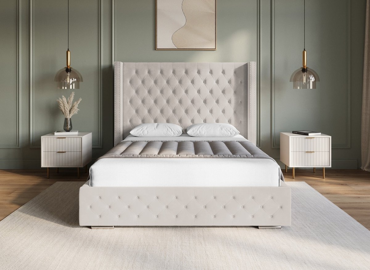 Lit coffre en velours beige 160x200 cm MAXI - DécoInParis