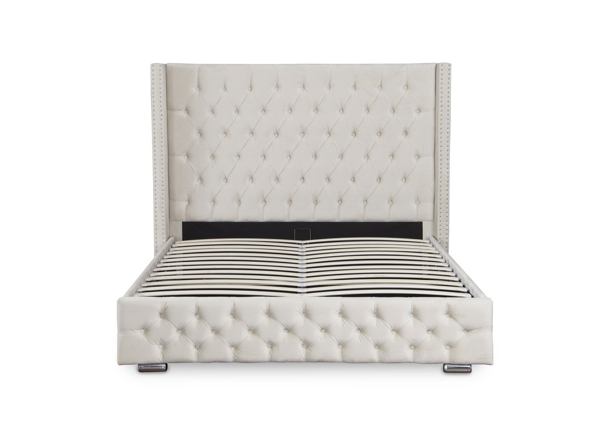 Lit coffre en velours beige 180x200 cm MAXI - DécoInParis