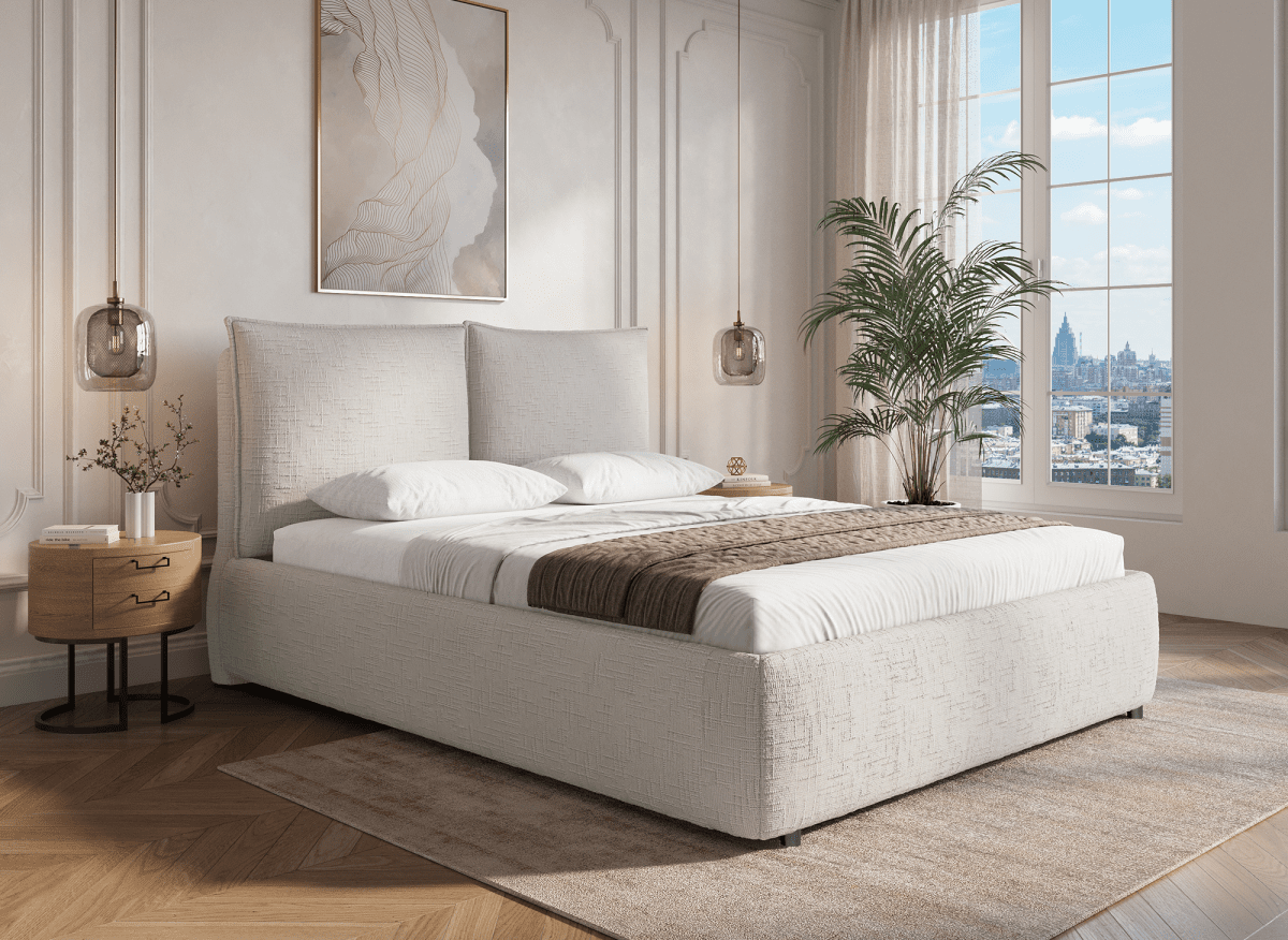Lit coffre en velours chiné beige 180x200 cm MELY - DécoInParis