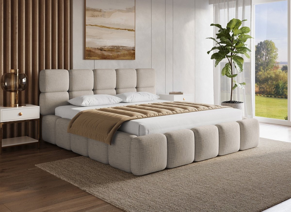 Lit coffre en velours chiné taupe 180x200 cm BUBBLE - DécoInParis