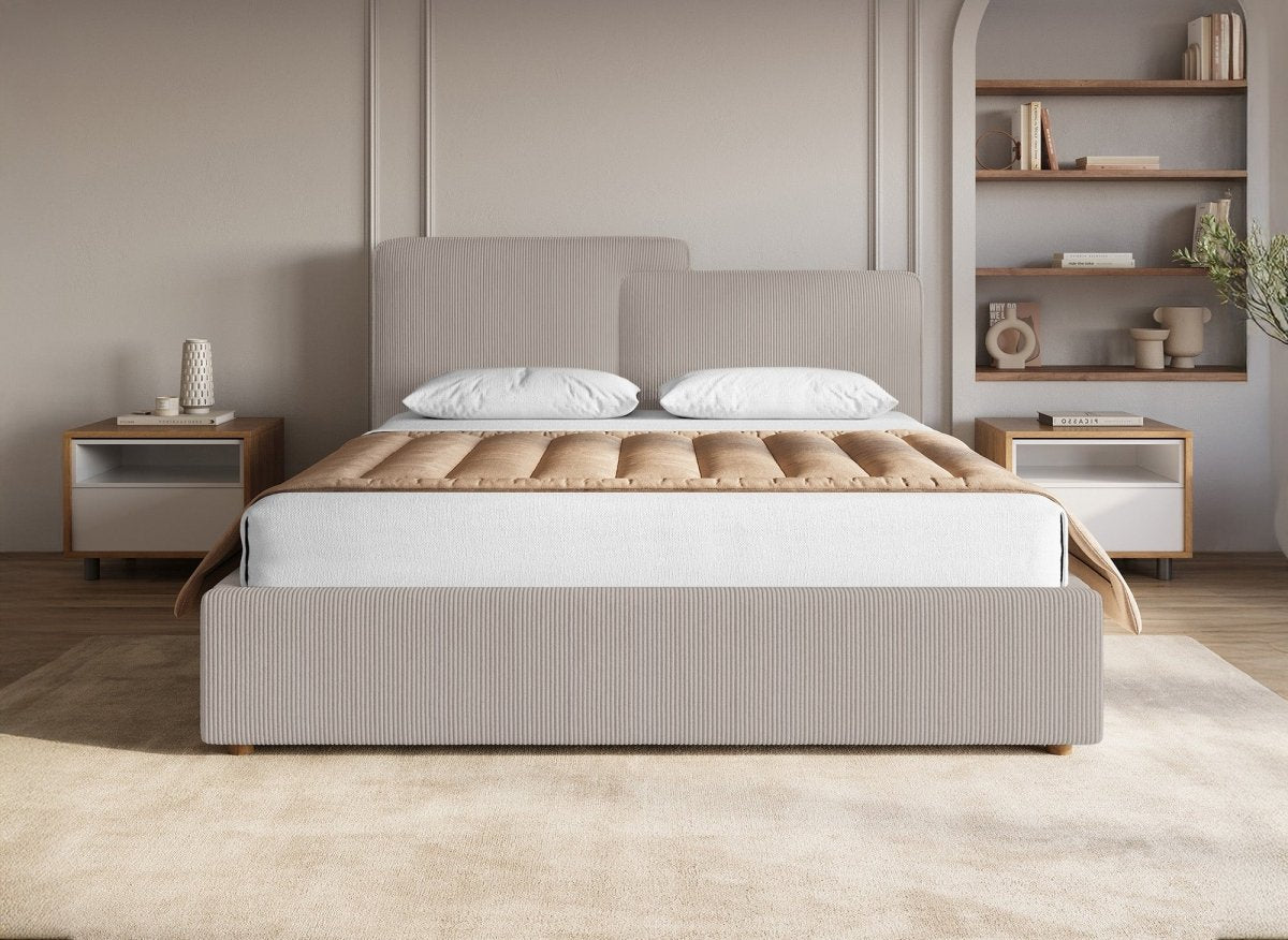 Lit coffre en velours côtelé taupe 140x190 cm ZELIA - DécoInParis