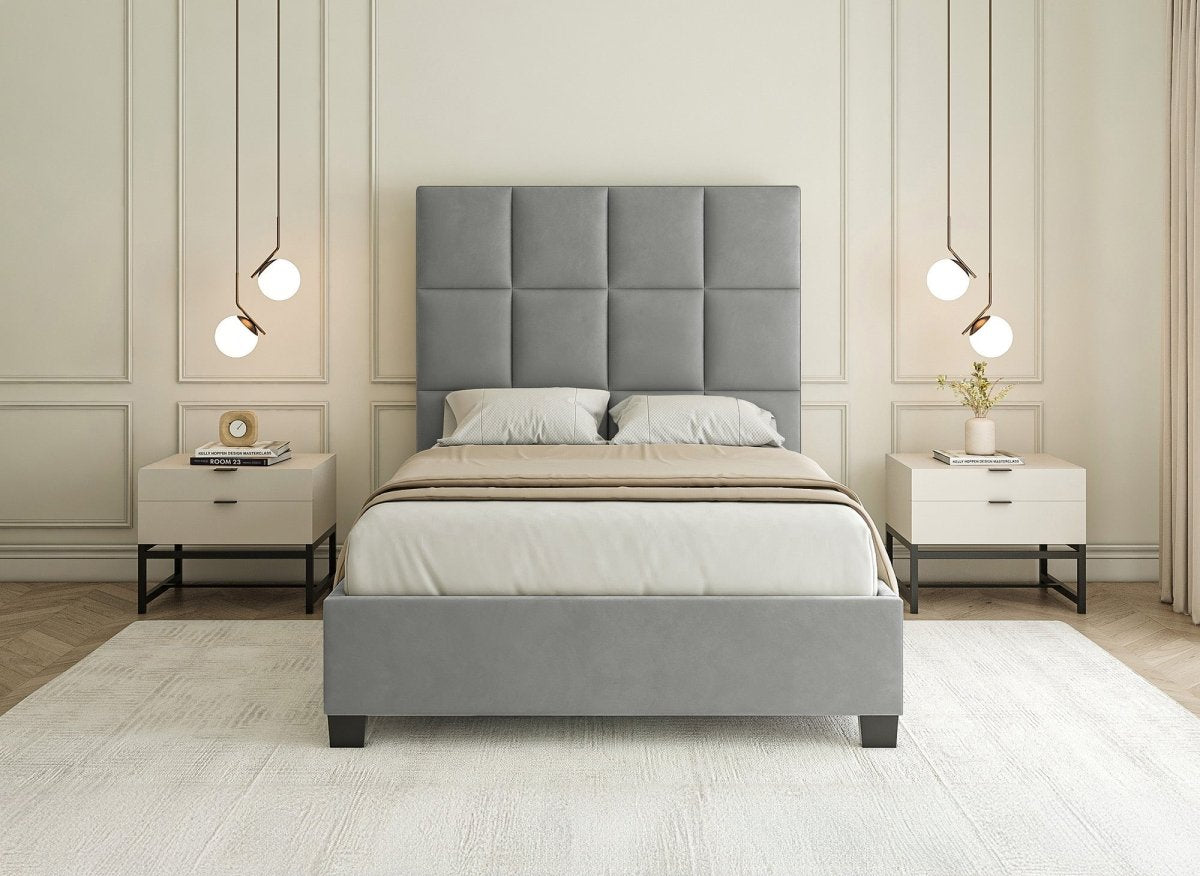 Lit coffre en velours gris design CAROLINE 140 x 190 cm - DécoInParis