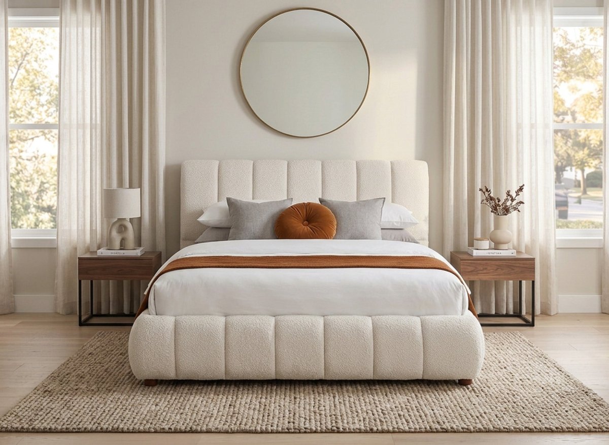 Lit double en tissu bouclette beige 140x190 cm RILEY - DécoInParis