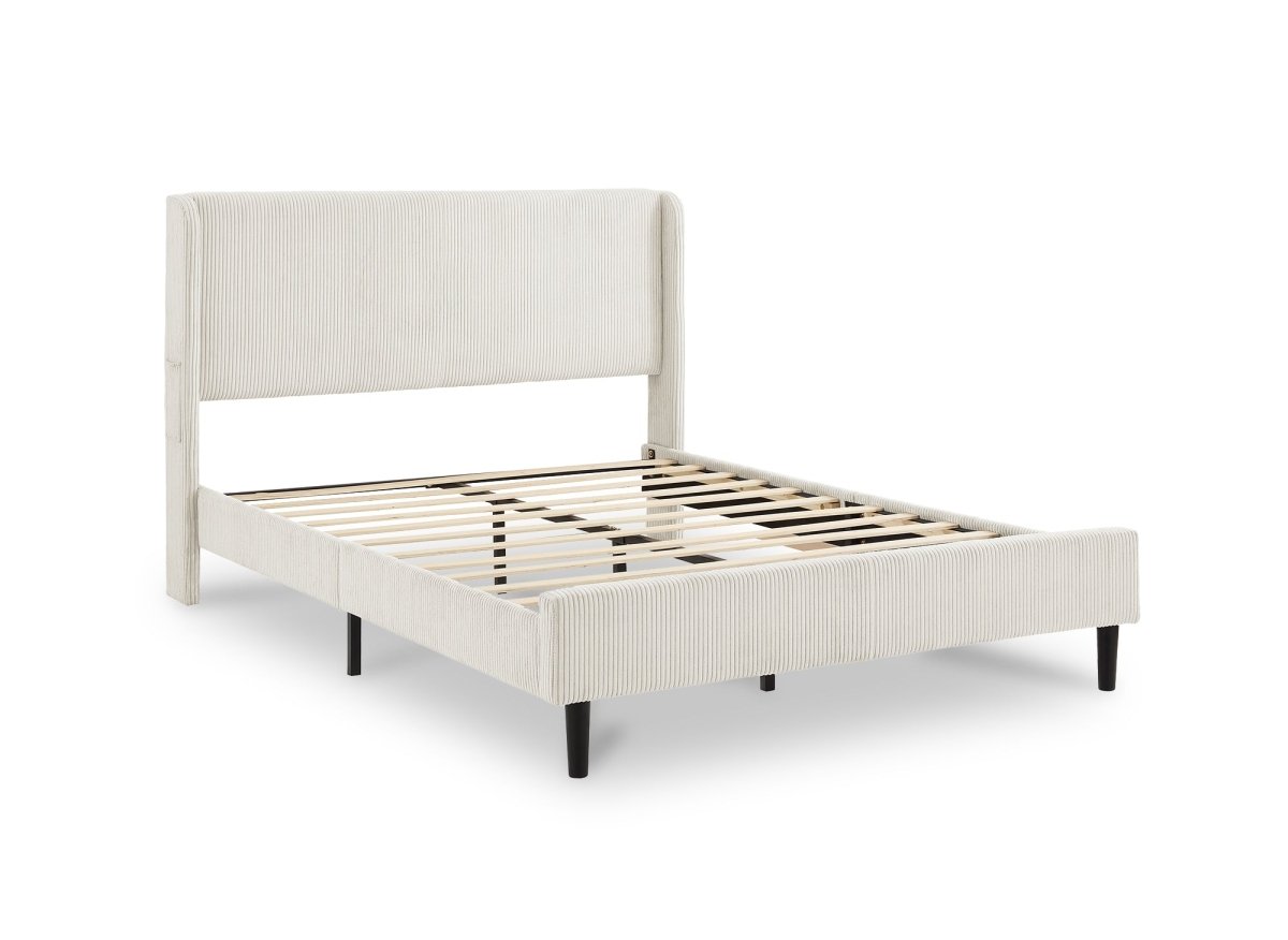 Lit double en velours côtelé épais beige 140x190cm LEVY - DécoInParis