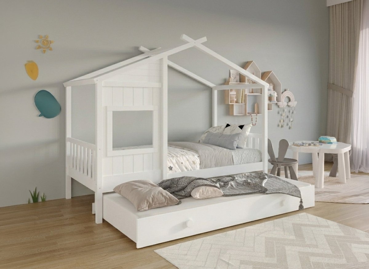 Lit cabane Montessori gigogne MILIO en bois blanc 90x190, chambre d'enfant