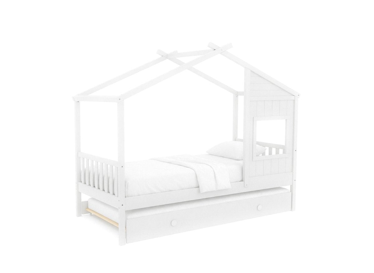 Lit cabane gigogne MILIO blanc vu de face, toit en maison