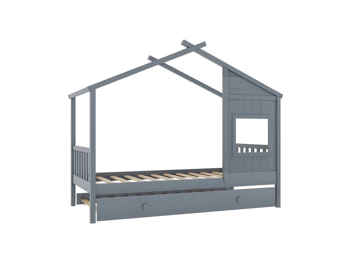 Lit cabane gigogne MILIO gris vu de face, toit en maison