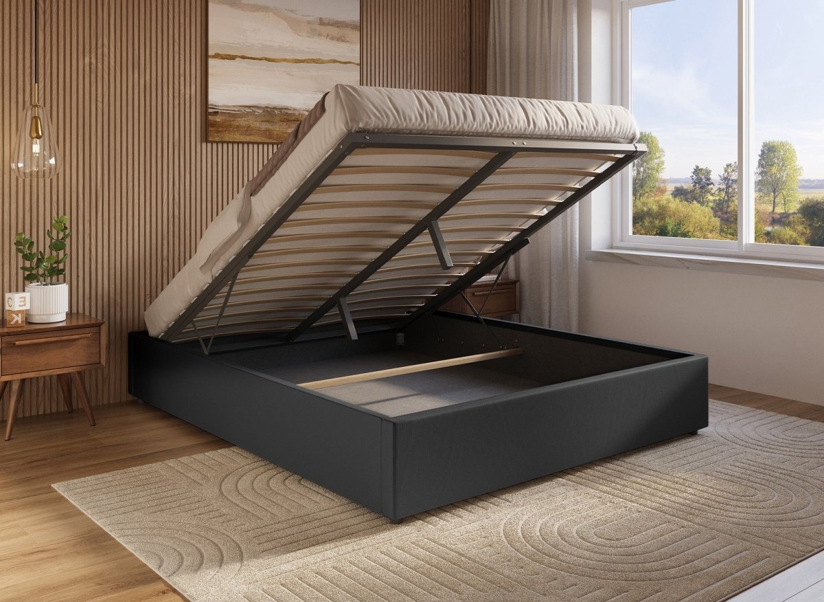Lit sommier relevable avec coffre en simili cuir noir 160x200 cm LIZBAN - DécoInParis