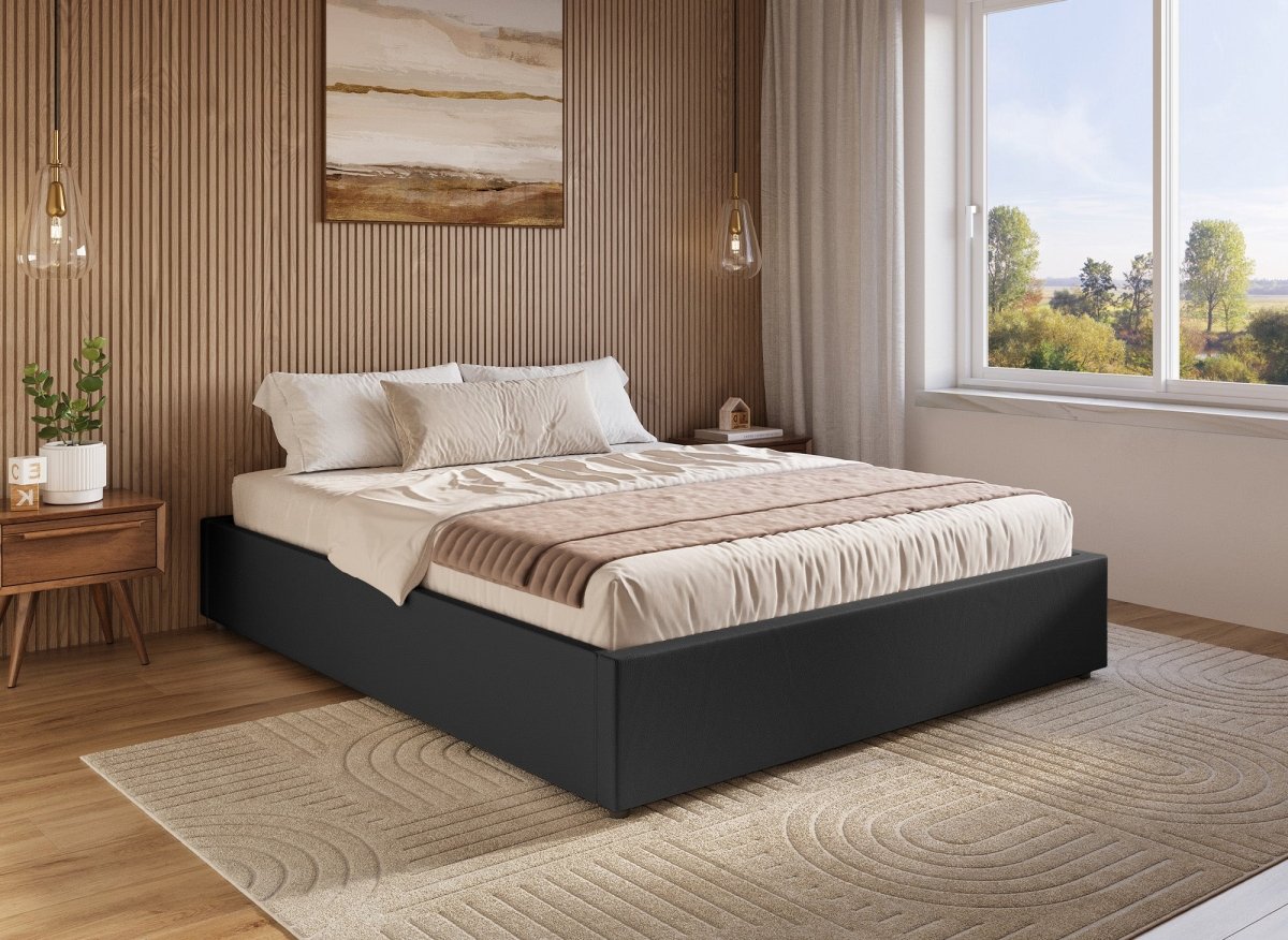 Lit sommier relevable avec coffre en simili cuir noir 180x200 cm LIZBAN - DécoInParis