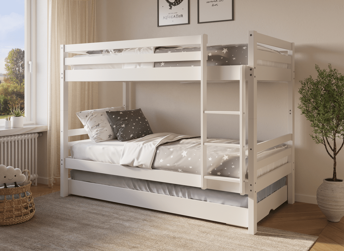 Lit superposé gigogne 3 couchages en bois blanc LEOPAUL 90 x 190 cm - DécoInParis