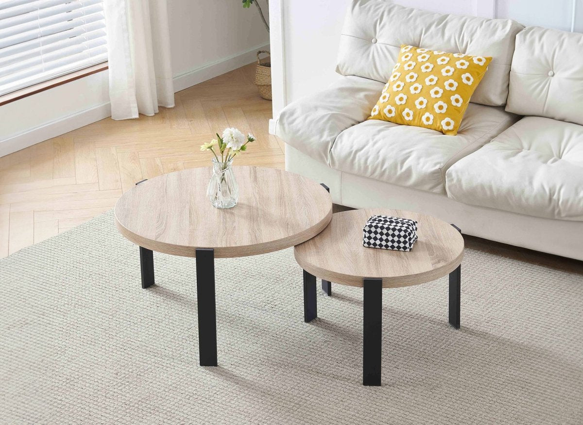 Lot de 2 tables basses rondes gigognes en bois et pieds métal noir TIYA - DécoInParis