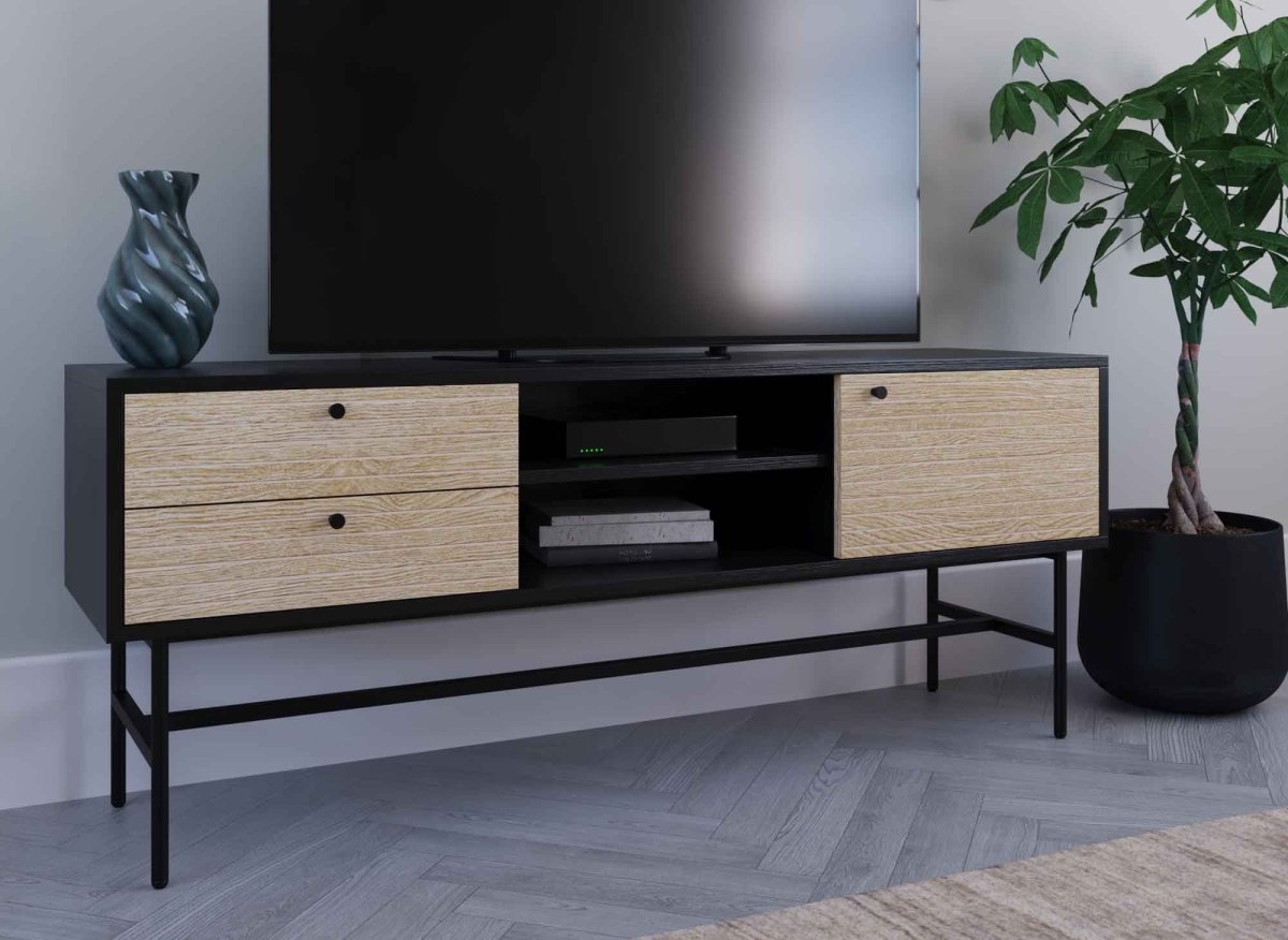 Meuble TV avec 2 tiroirs et 1 porte en bois et métal noir DARYL - DécoInParis