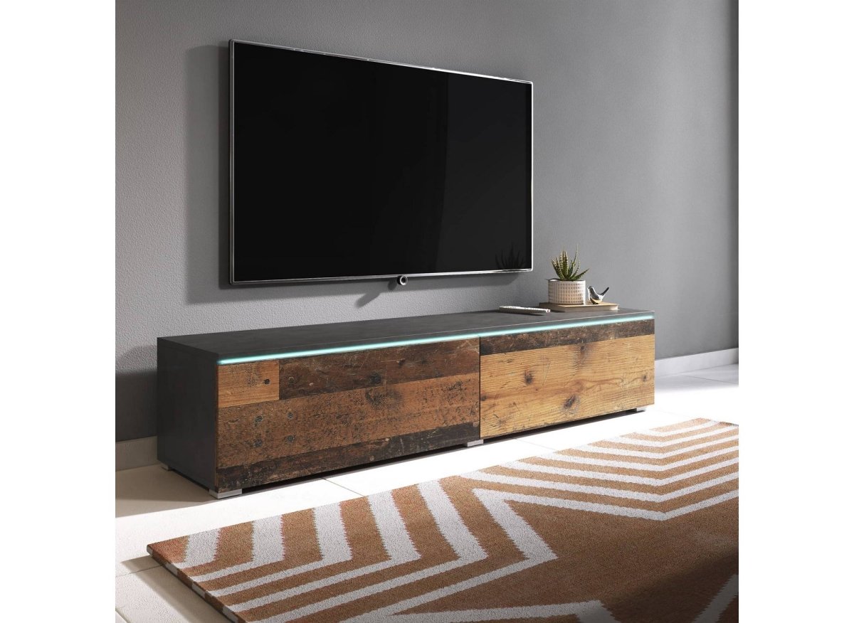 Meuble TV contemporain anthracite et chêne avec LED 2 portes MALORIE - 180 cm - DécoInParis