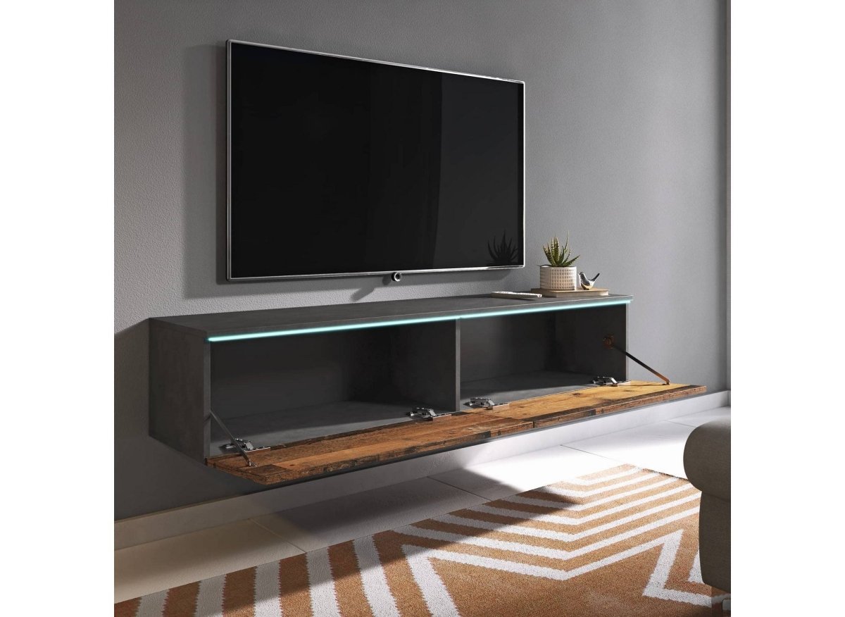 Meuble TV contemporain anthracite et chêne avec LED 2 portes MALORIE - 180 cm - DécoInParis