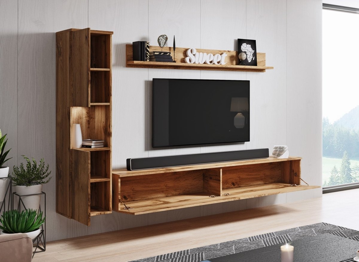 Meuble TV contemporain chêne avec LED - ELIOTE - DécoInParis