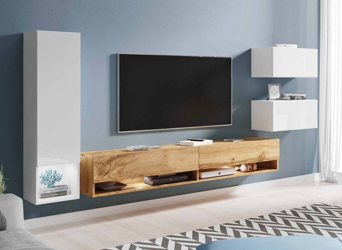 Meuble TV contemporain chêne et blanc laqué avec LED - AMANDA - DécoInParis