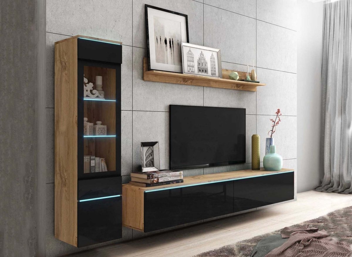 Meuble TV contemporain chêne et noir laqué avec LED - VERONICA - DécoInParis