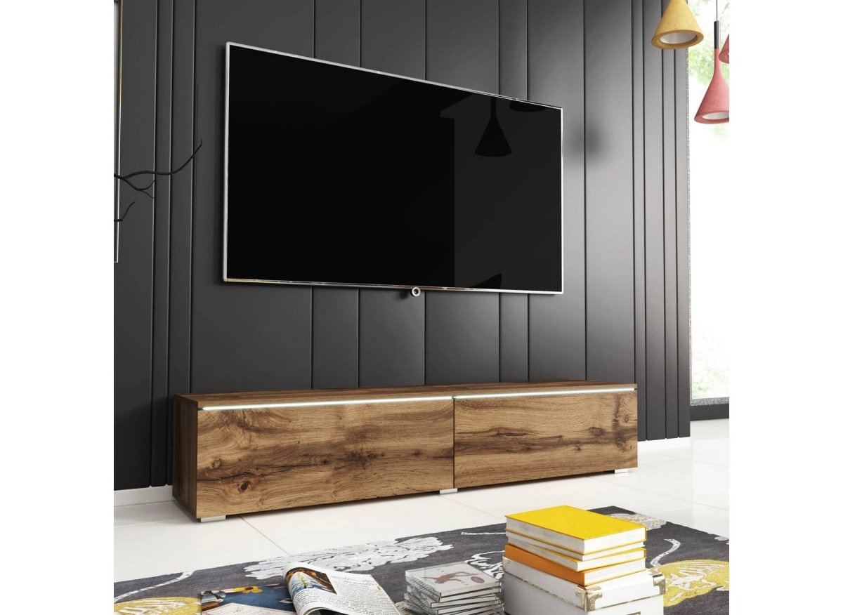 Meuble TV contemporain en chêne avec LED 2 portes MALORIE - 180 cm - DécoInParis