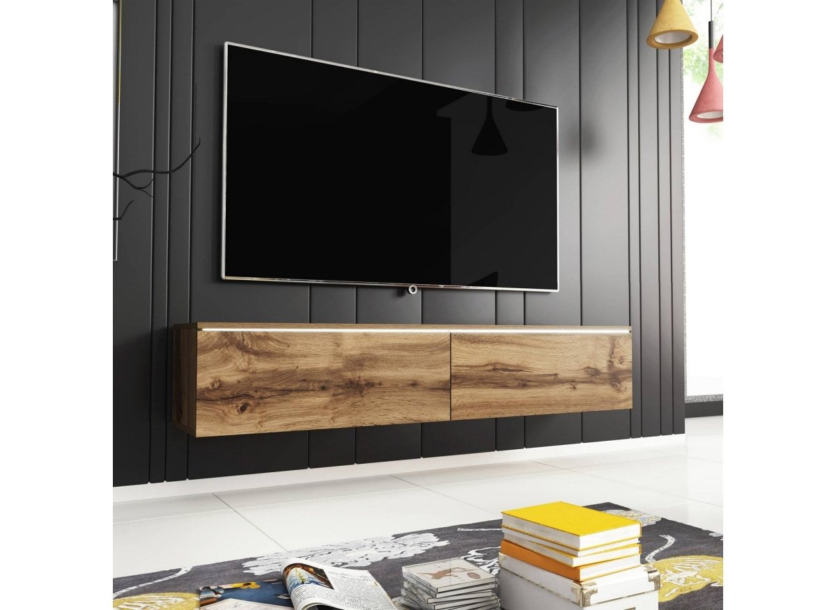 Meuble TV contemporain en chêne avec LED 2 portes MALORIE - 180 cm - DécoInParis