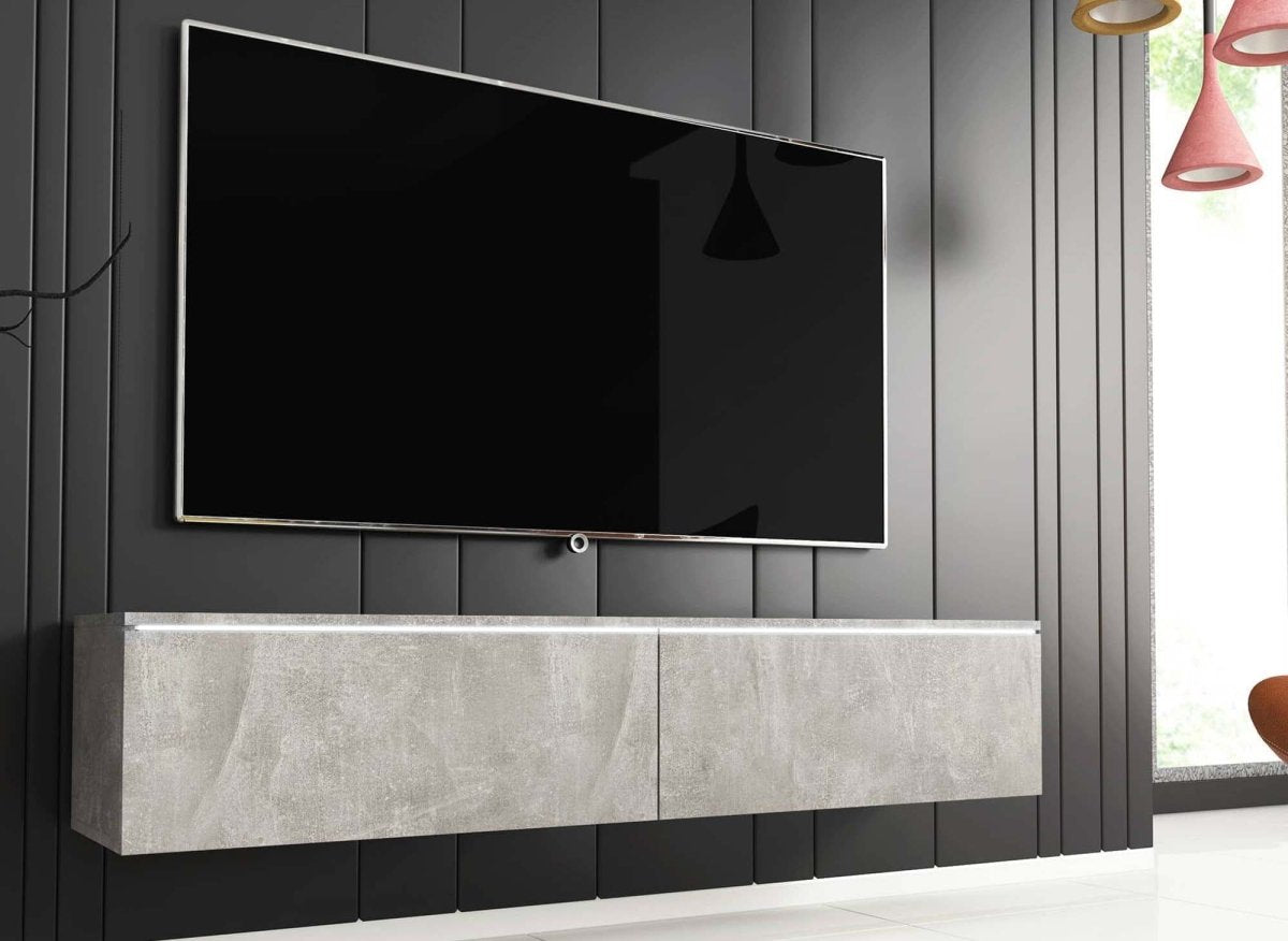 Meuble TV contemporain gris béton avec LED 2 portes MALORIE - 140 cm - DécoInParis