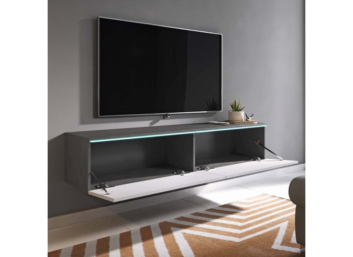 Meuble TV contemporain gris et blanc avec LED 2 portes MALORIE - 180 cm - DécoInParis