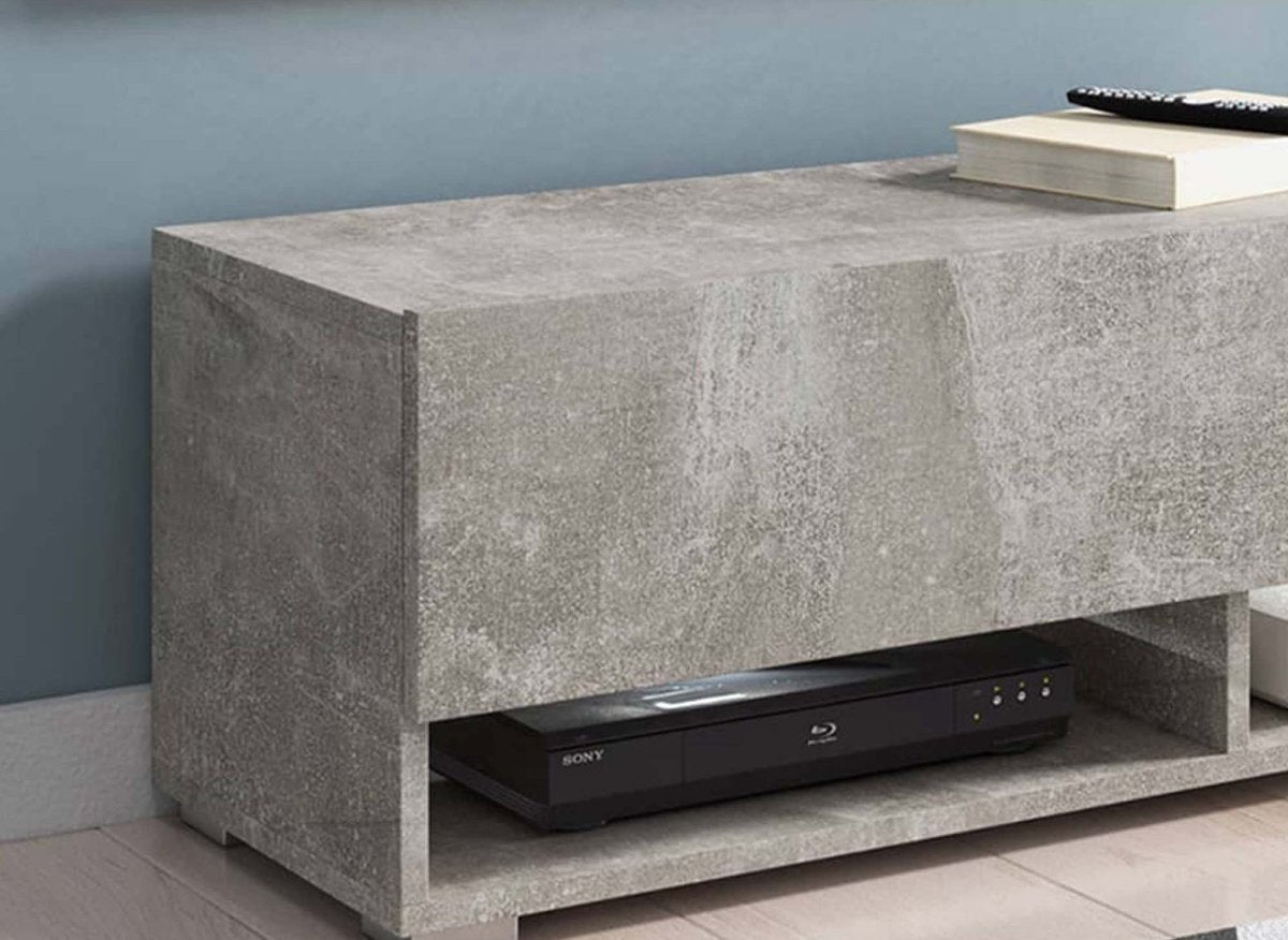 Meuble TV suspendu 1 porte 2 niches gris béton ROMANE - 100 cm - DécoInParis