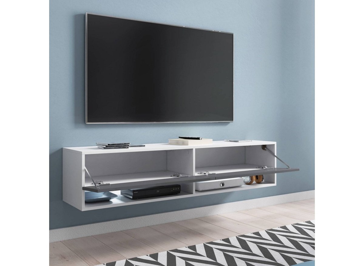 Meuble TV suspendu 2 portes 2 niches blanc et gris ROMANE XXL - 180 cm - DécoInParis