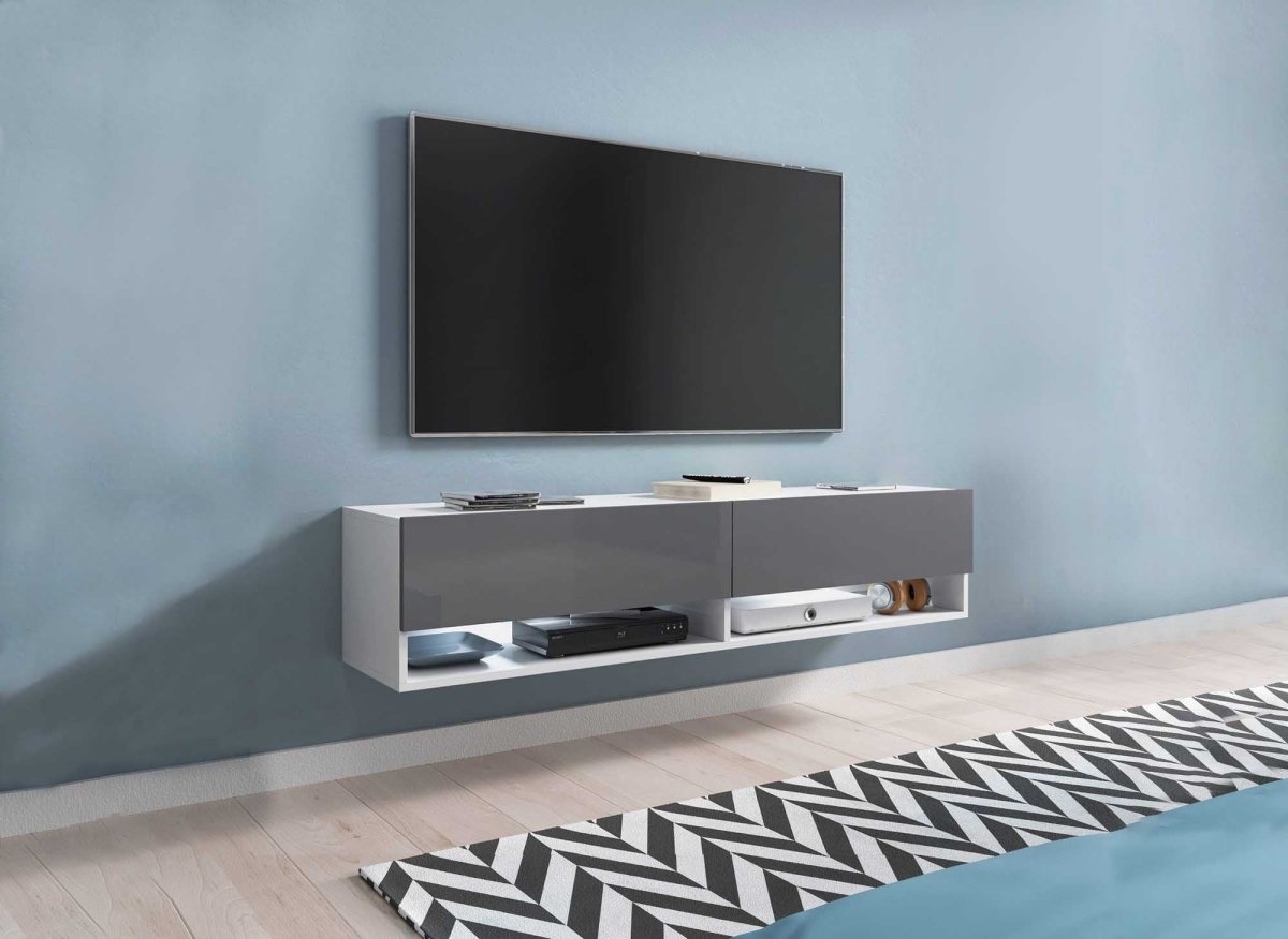 Meuble TV suspendu 2 portes 2 niches blanc et gris ROMANE XXL - 180 cm - DécoInParis