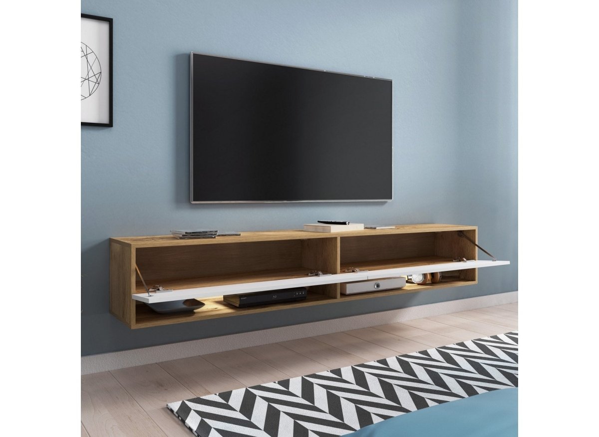 Meuble TV suspendu 2 portes 2 niches en chêne et blanc ROMANE XXL - 180 cm - DécoInParis