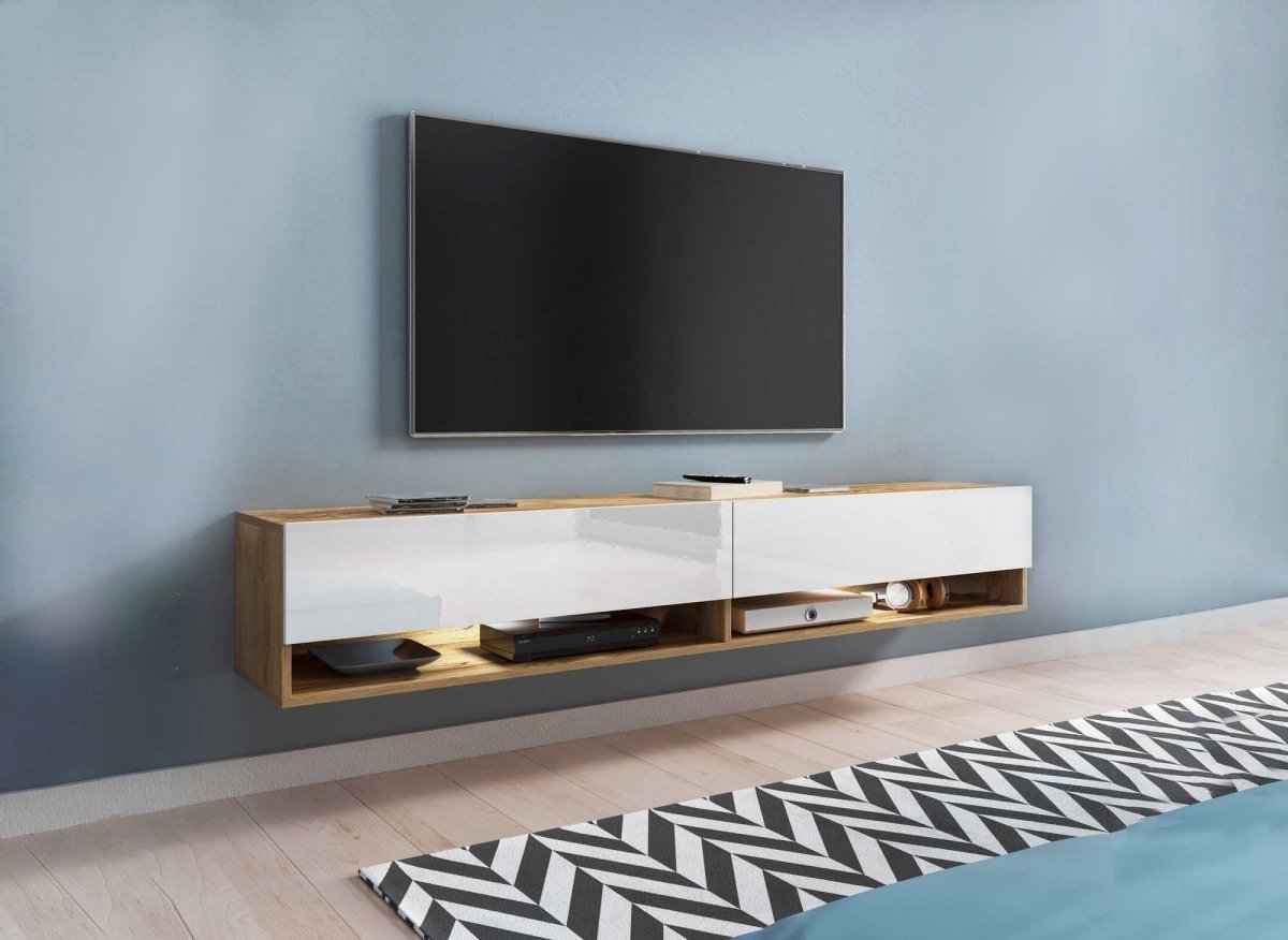Meuble TV suspendu 2 portes 2 niches en chêne et blanc ROMANE XXL - 180 cm - DécoInParis