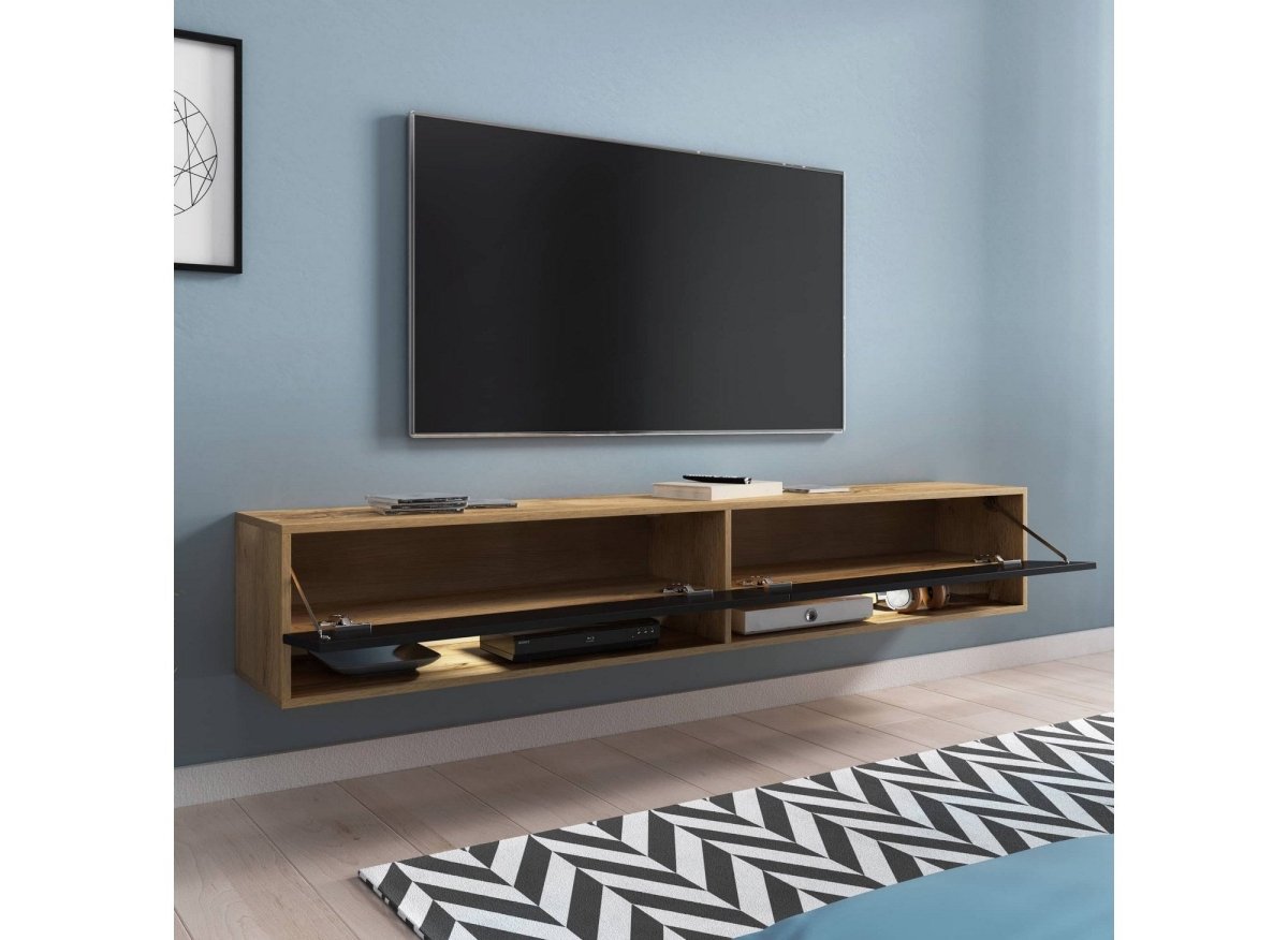 Meuble TV suspendu 2 portes 2 niches en chêne et noir ROMANE XXL - 180 cm - DécoInParis
