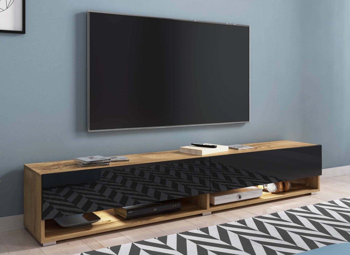 Meuble TV suspendu 2 portes 2 niches en chêne et noir ROMANE XXL - 180 cm - DécoInParis