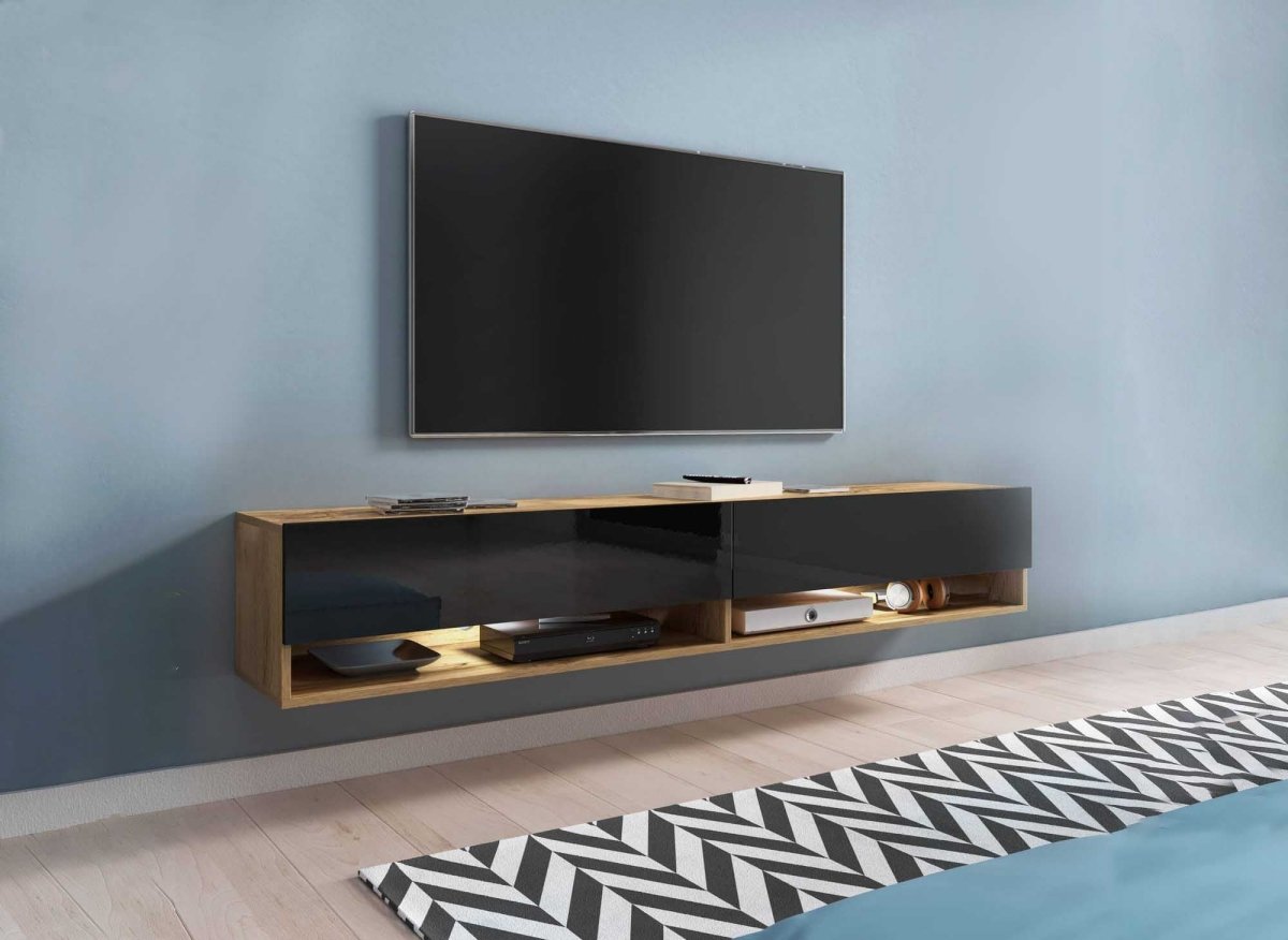 Meuble TV suspendu 2 portes 2 niches en chêne et noir ROMANE XXL - 180 cm - DécoInParis
