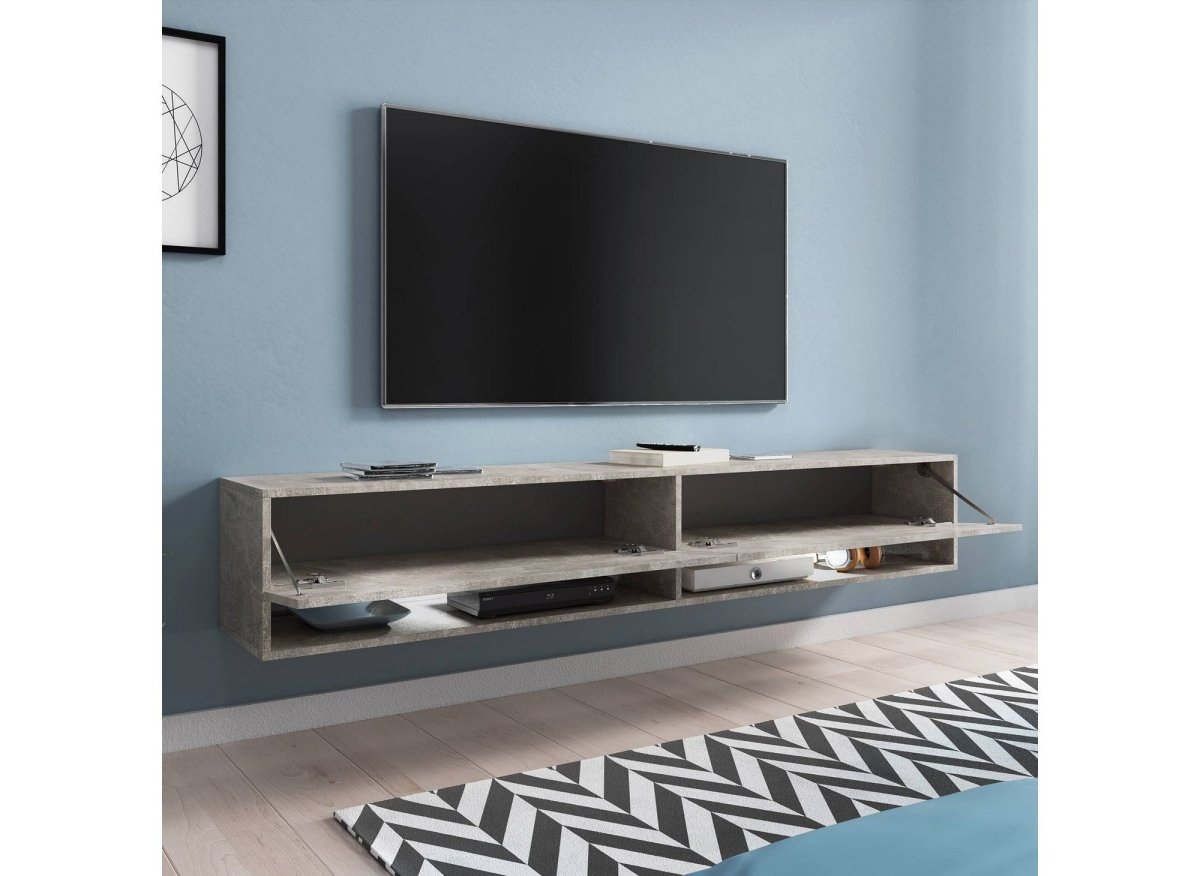 Meuble TV suspendu 2 portes 2 niches gris béton ROMANE XXL - 180 cm - DécoInParis