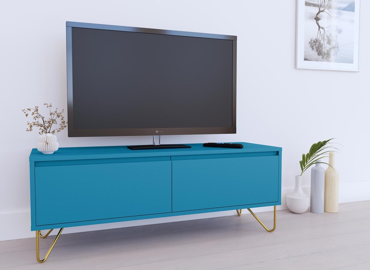 Meuble TV XXL 1 tiroir 1 porte bleu canard DARINA - DécoInParis