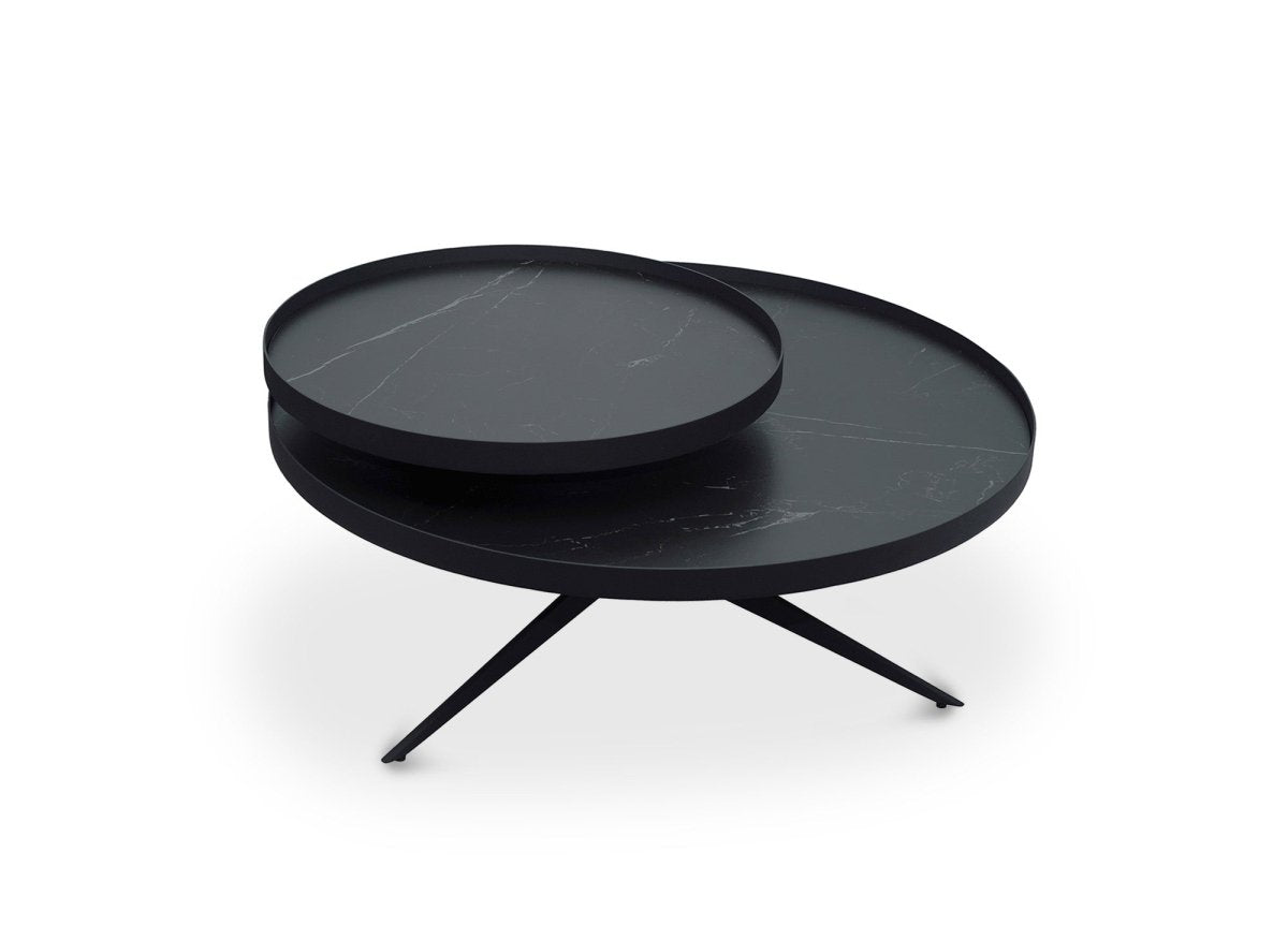 Table basse ronde 2 plateaux pivotants en céramique et métal noir MIRANY - DécoInParis