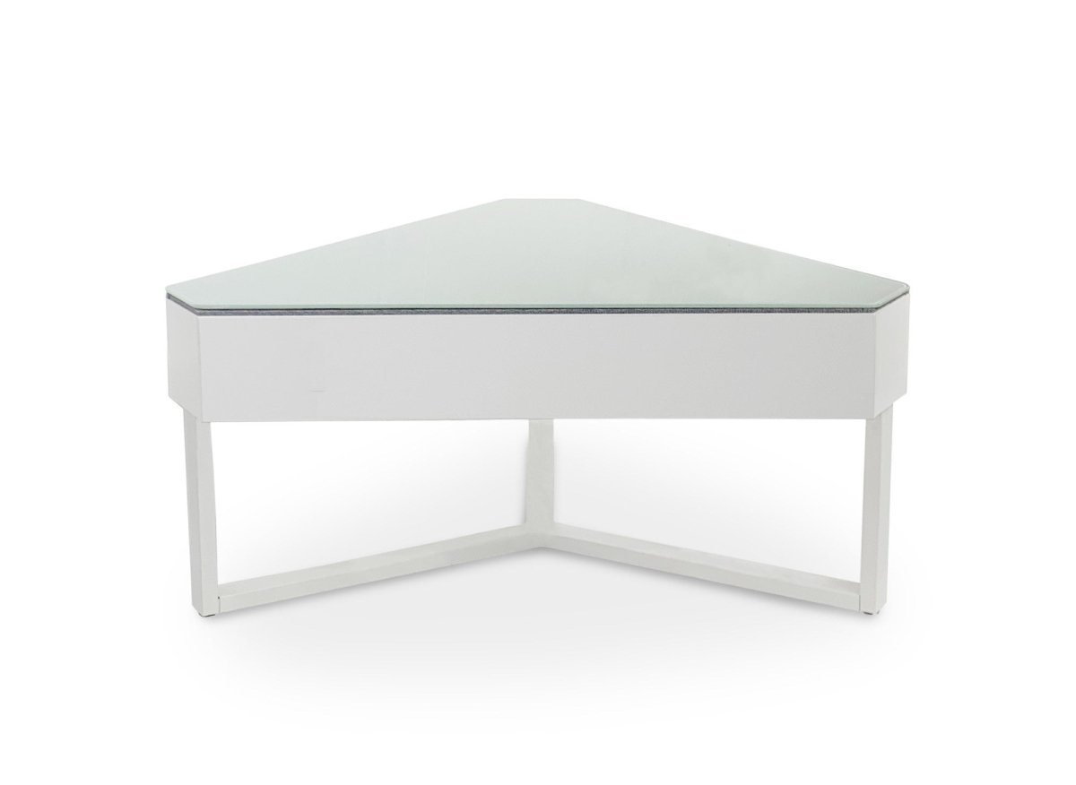 Table basse triangulaire blanche avec plateau pivotant et rangement SOLINE - DécoInParis