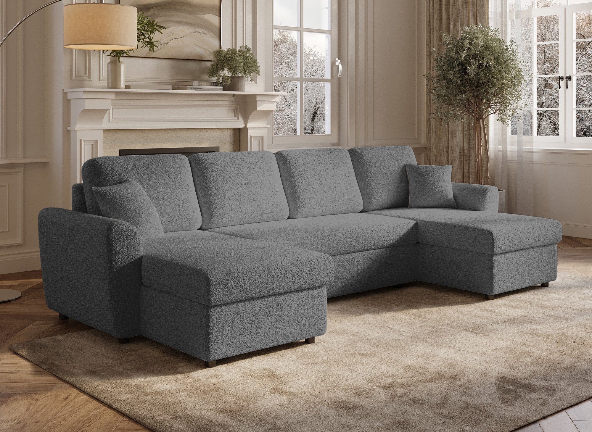 ADRYEN Panorama-Sofa mit 2 Aufbewahrungsboxen aus grauem Frotteestoff