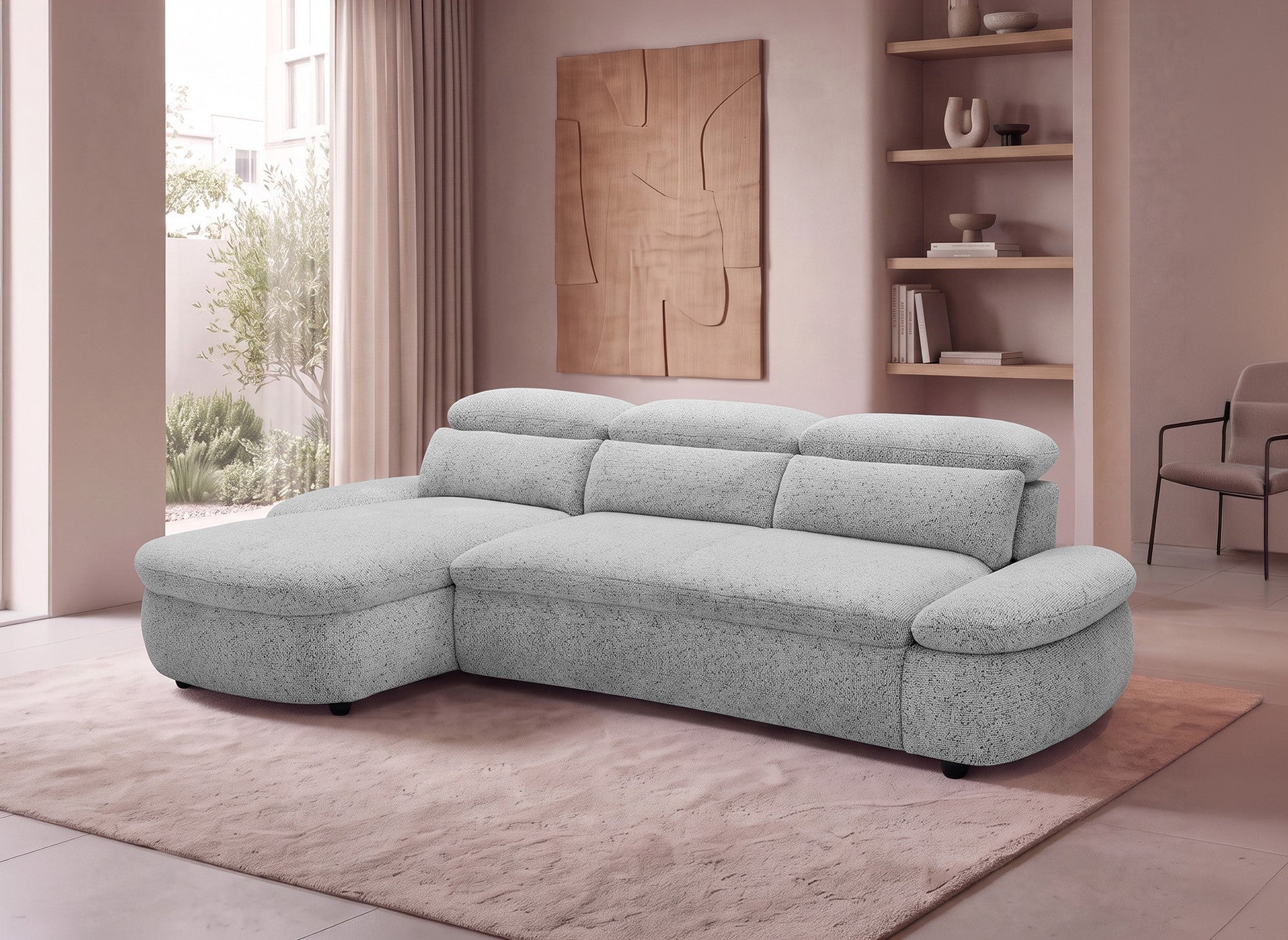 Elektrisches Relax-Ecksofa aus grauem Frotteestoff CLEMENT – Linke Ecke