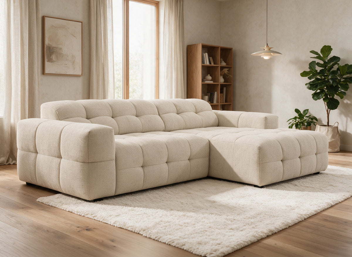 Elektrisches Ecksofa FEDORA aus beigem strukturiertem Samt - Ecke rechts